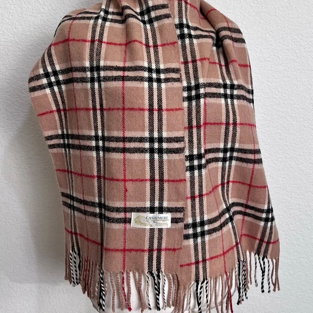 Royal Rossi Tan Tartan Plaid Cashmere Scarf Fringe Unisex